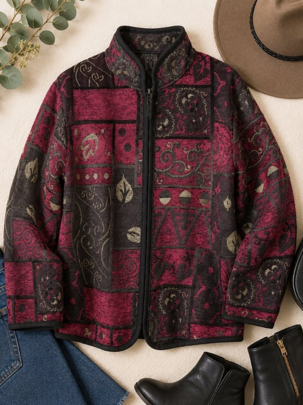 Mary Madden Collection Tapestry Jacket Size Medium Boho Artsy Zip Up